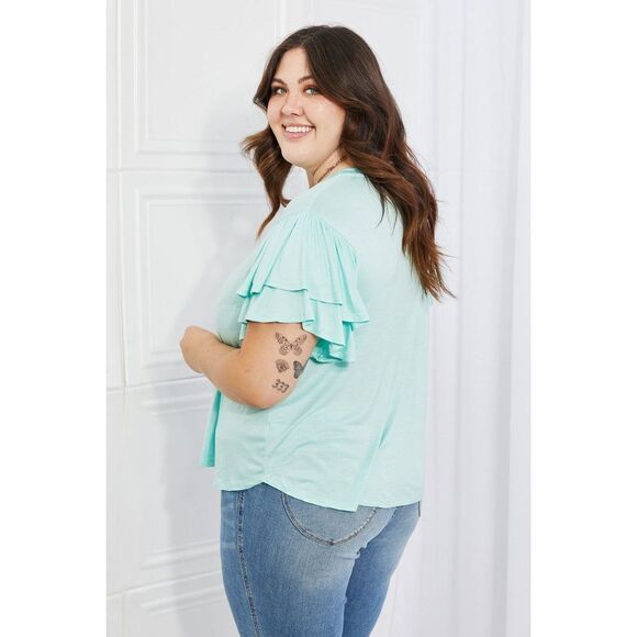 Culture Code Mi Amor Full Size Round Neck Ruffle Sleeve Top In Blue - Picture 4 of 12